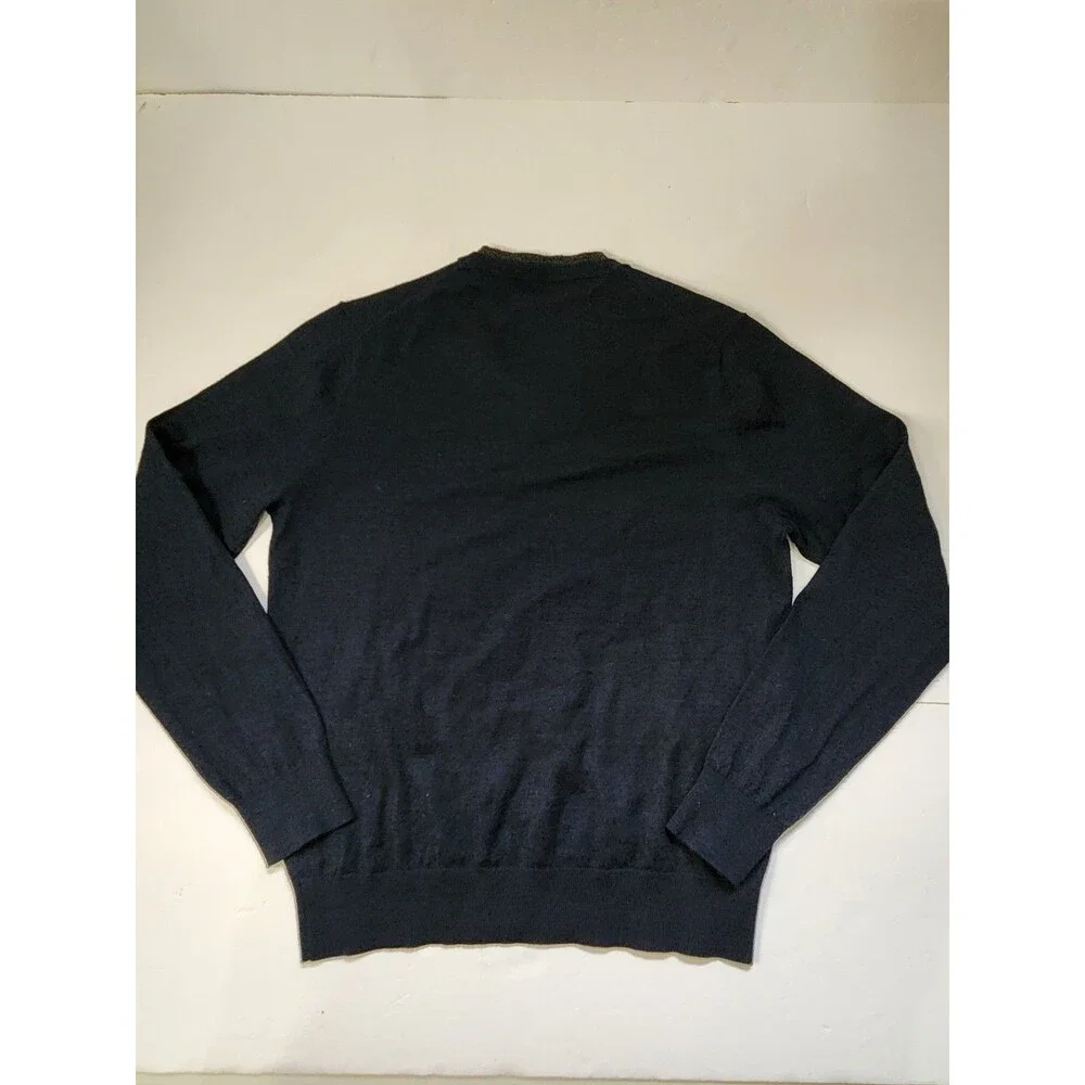 Toscano Sweater Mens Medium Navy Blue Merino Wool Blend V-neck Elbow Patches